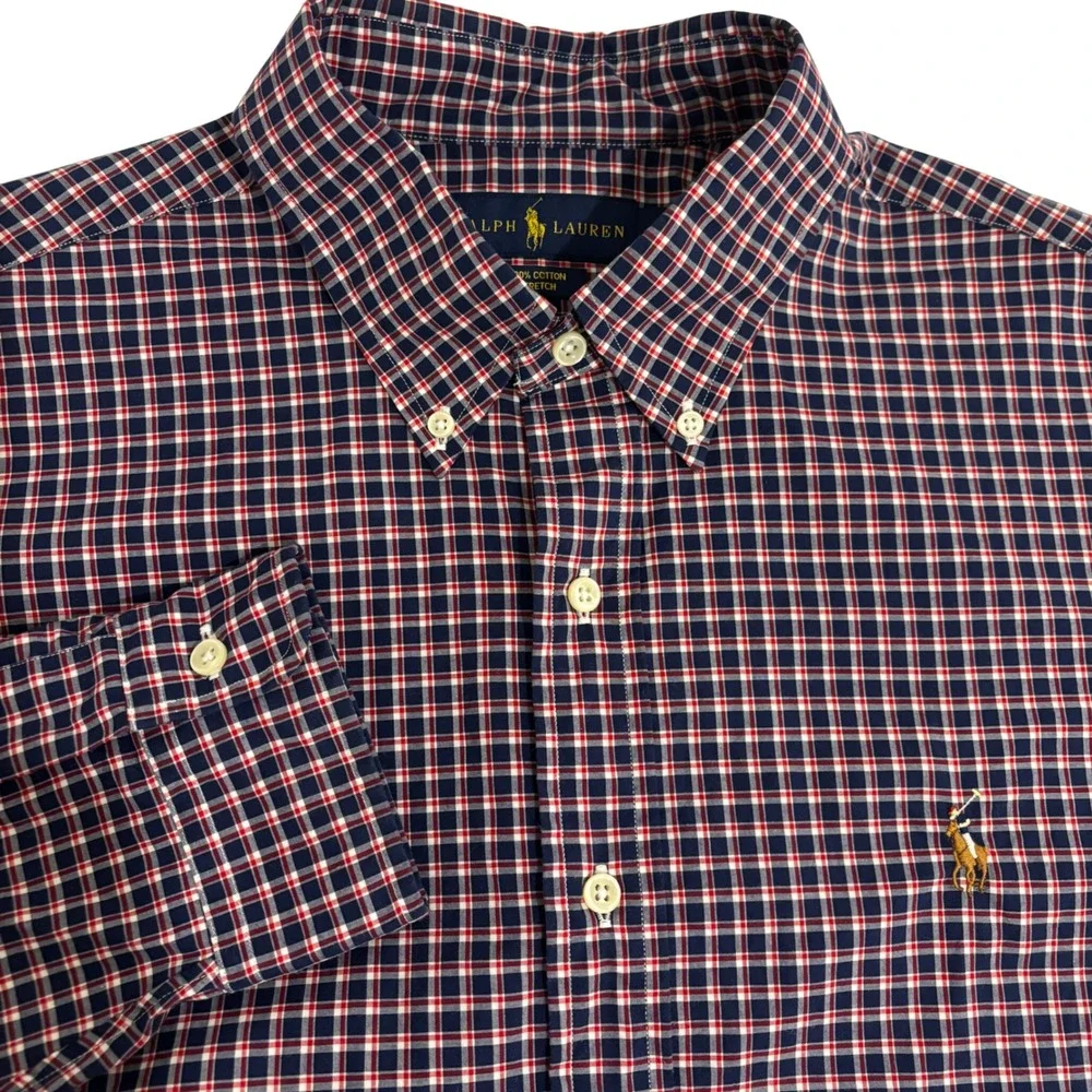 Ralph Lauren Button Down Shirt Mens L Navy Plaid Cotton Long Sleeve Brown Pony